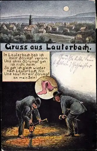 Ak Lauterbach in Hessen, Strumpf verlorn, Blick auf den Ort bei Nacht