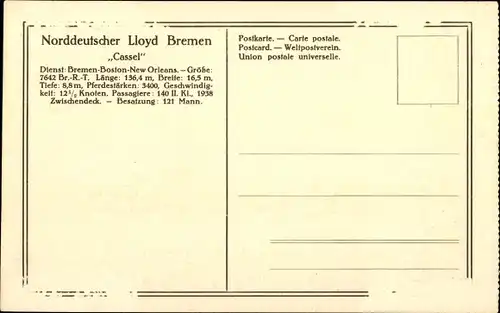 Ak Norddeutscher Lloyd Bremen, Passagier und Frachtdampfer Cassel