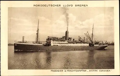 Ak Norddeutscher Lloyd Bremen, Passagier und Frachtdampfer Sierra Cordoba