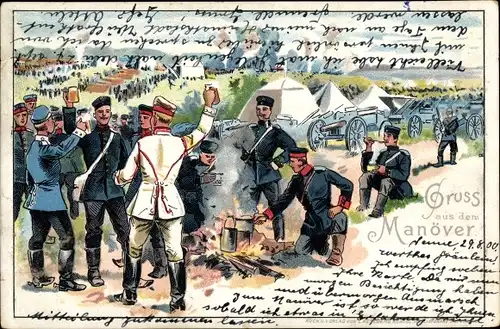 Litho Soldaten in Uniformen am Lagerfeuer, Zelte, Gruß aus dem Manöver