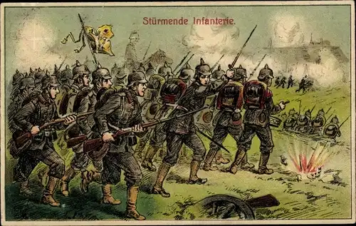 Litho Stürmende Infanterie, Deutsche Soldaten in Uniformen