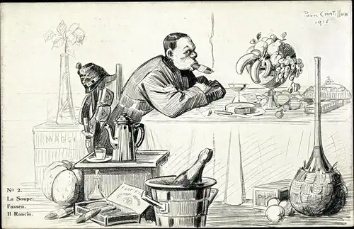 Künstler Ak Chatillon, P., Französischer Soldat am Tisch, Essen, Früchte, La Soupe