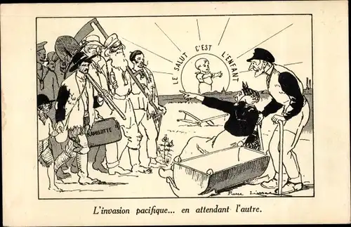 Künstler Ak L'Invasion pacifique... en attendant l'autre, Le Salut c'est l'Enfant, Ehepaar, Kind