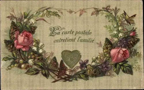 Ak La carte postale entretien l'amitie, Blumenkranz, Rosen, Kitsch