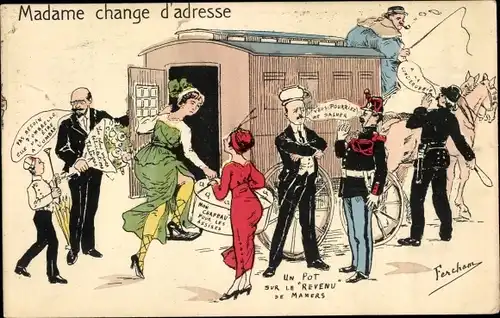 Künstler Ak Fercham, Madam change d'adresse, Kutsche, Umzug