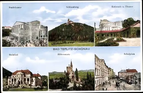 Ak Teplice Šanov Teplitz Schönau Region Aussig, Stadttheater, Schlossberg, Steinbad, Höhenwarte