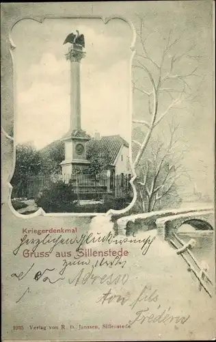 Passepartout Ak Sillenstede Schortens Niedersachsen, Kriegerdenkmal, Brücke im Winter