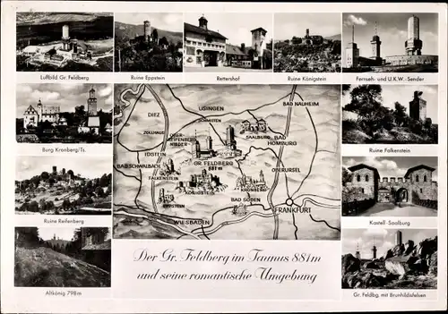 Landkarten Ak Taunus, Großer Feldberg, Ruine Eppstein, Kastell Saalburg, Burg Kronberg, Königstein