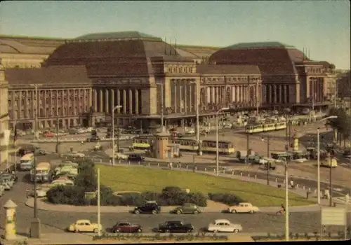 Ak Leipzig in Sachsen, Hauptbahnhof, Straßenbahnen, Autos