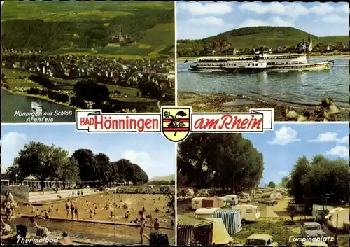 Ak Bad Hönningen am Rhein, Gesamtansicht mit Schloss Arenfels, Campingplatz, Thermalbad, Dampfer