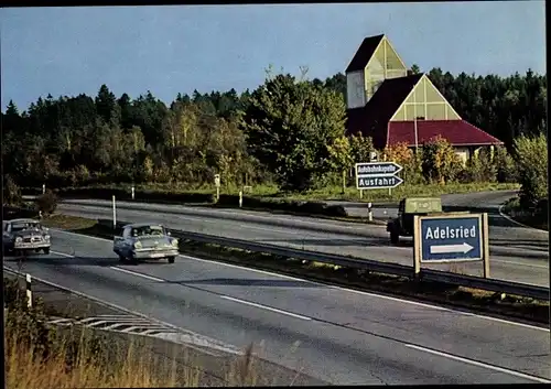 Ak Adelsried, Autobahnkirche Maria Schutz der Reisenden, Autos