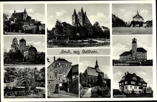 Ak Geithain in Sachsen, Nicolaikirche mit Stadtmauer, Pulverturm, Schule, Jugendherberge, Heilquelle