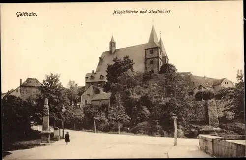 Ak Geithain in Sachsen, Nikolaikirche und Stadtmauer