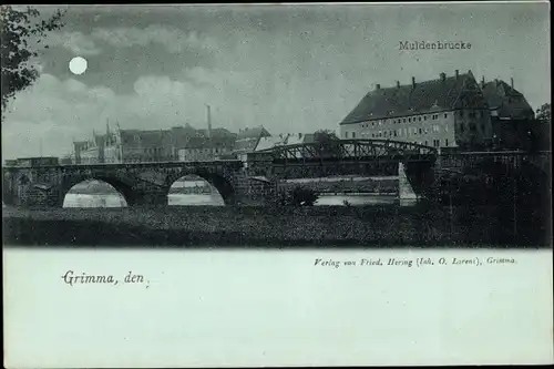 Mondschein Ak Grimma in Sachsen, Muldenbrücke