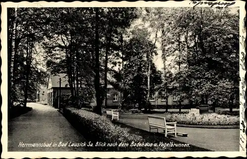 Ak Bad Lausick in Sachsen, Hermannsbad, Badehaus, Vogelbrunnen