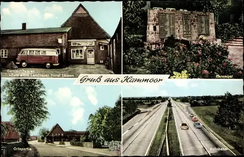 Ak Hammoor Holstein, Autobahn, Ehrenmal, Gemischtwarenladen Zum alten Landhaus