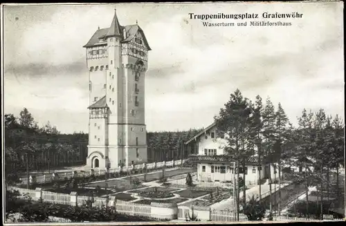 Ak Grafenwöhr im Oberpfälzer Hügelland Bayern, Truppenübungsplatz, Wasserturm, Militärforsthaus