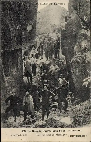 Ak Montigny Oise, Les carrieres, Soldaten, Steinbruch