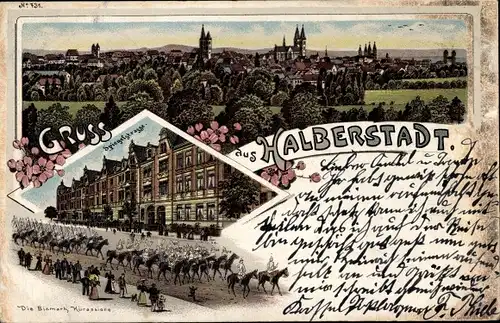 Litho Halberstadt am Harz, Gesamtansicht, Spiegelstraße, Bismarck Kürassiere, Regiment