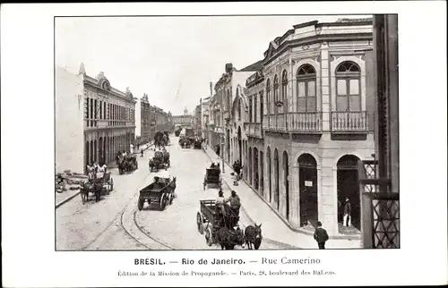 Ak Rio de Janeiro Brasilien, Rue Camerino, Straßenpartie, Pferdewagen