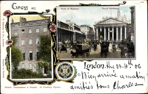 Ak London City England, Bank of England, Royal Exchange, Chr. Vereinshaus und Hospiz