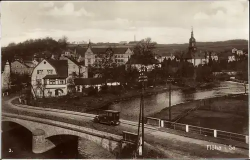 Ak Flöha in Sachsen, Blick auf den Ort, Brücke, Automobil