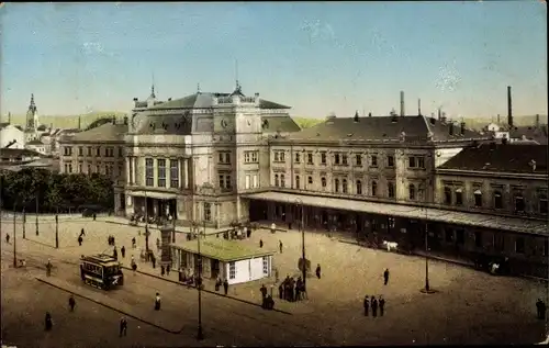 Ak Brno Brünn Südmähren, Hauptbahnhof, Straßenbahn