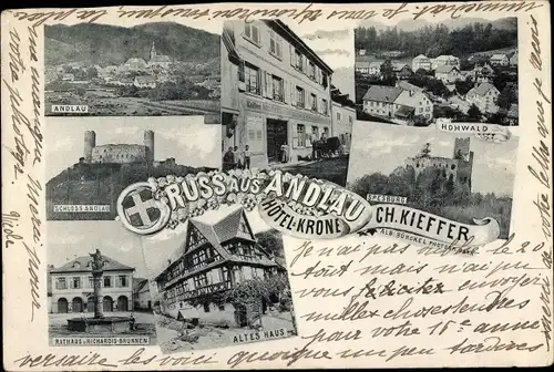 Ak Andlau Elsass Bas Rhin, Hotel Krone, Hohwald, Spesburg, Rathaus, Richardis Brunnen, Schloss