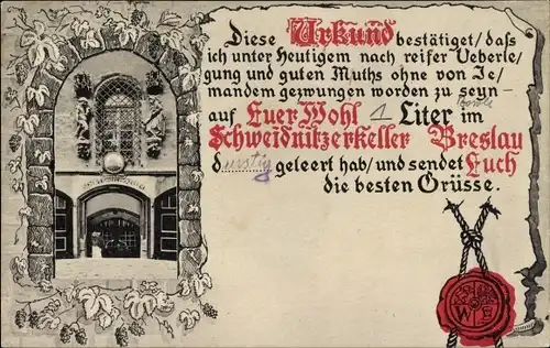 Passepartout Ak Wrocław Breslau Schlesien, Schweidnitzer Keller, Urkunde