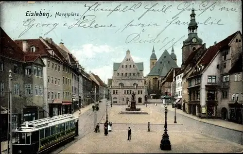 Ak Lutherstadt Eisleben, Marktplatz, Straßenbahn