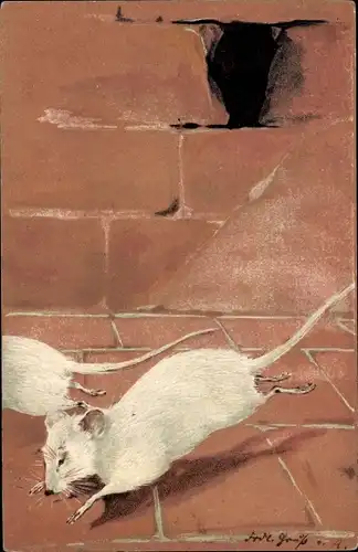 Litho Weiße Mäuse, Loch in einer Ziegelwand