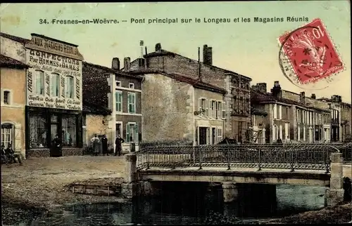 Ak Fresnes en Woëvre Meuse, Pont principal sur le Longeau et les Magasine Reunis