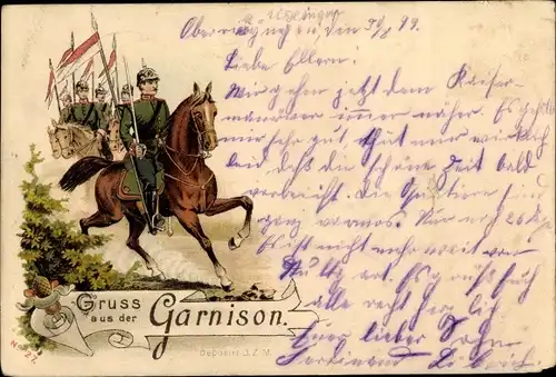 Ak Gruß aus der Garnison, Deutsche Soldaten in Uniformen auf Pferden
