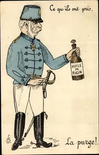 Künstler Ak Französischer Soldat in Uniform mit Flasche, Huile de Rigin, La purge