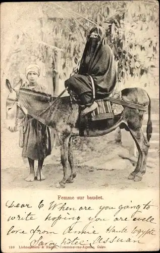 Ak Femme sur baudet, Esel