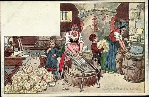 Künstler Ak Kauffmann, Usages et Costumes d'Alsace, Fabrication de la Choucroute, Sauerkraut