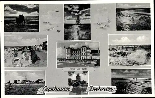 Ak Nordseebad Duhnen Cuxhaven, Wellen, Strandkörbe, Leuchtturm, Blick auf den Ort