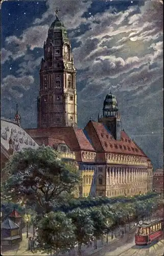 Ak Dresden Altstadt, Das Neue Rathaus bei Mondschein, Straßenbahn