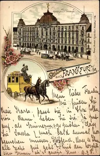 Litho Frankfurt am Main, Neues Reichspostgebäude, Postkutsche