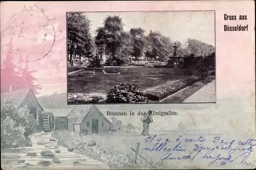 Passepartout Ak Düsseldorf am Rhein, Brunnen in der Königsallee, Wassermühle