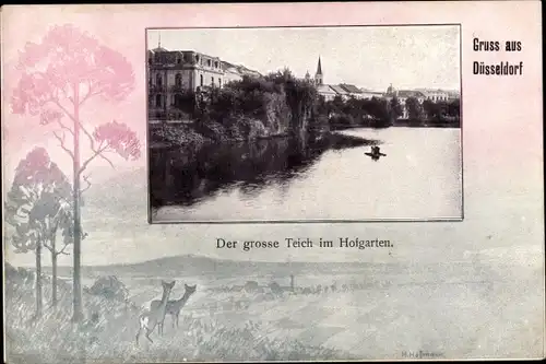 Passepartout Ak Düsseldorf am Rhein, Der große Teich im Hofgarten