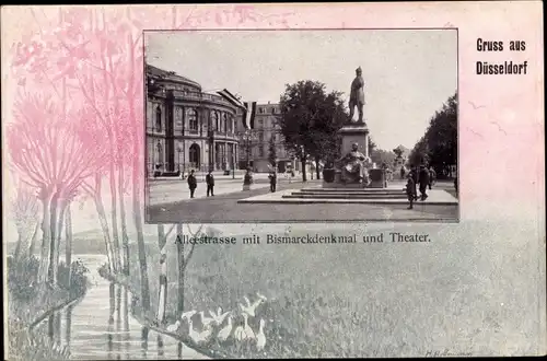 Passepartout Ak Düsseldorf, Alleestraße, Bismarckdenkmal, Theater