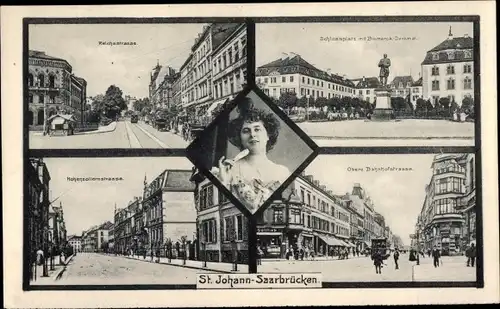 Ak St. Johann Saarbrücken im Saarland, Reichsstraße, Schlossplatz, Bismarck Denkmal, Dame
