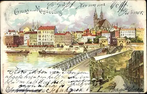 Litho Magdeburg an der Elbe, Teilansicht, Zum goldenen Schiff, Straßenpartie