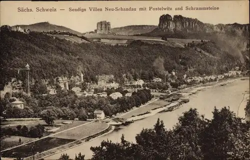 Ak Postelwitz Bad Schandau an der Elbe, Blick auf den Ort mit Schrammsteine, Sendigs Villen