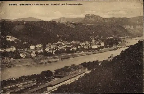 Ak Bad Schandau Sächsische Schweiz, Ort mit Bahnhof und Schrammsteinen