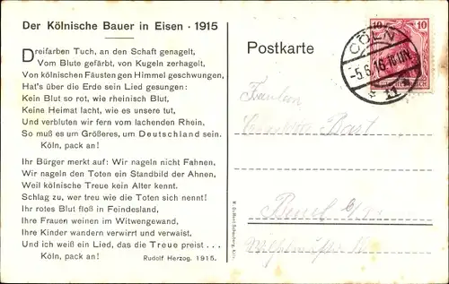 Künstler Ak Köln, Ritter in Rüstung, Schwert, Boor, Rich, Der Kölnische Bauer, 1915