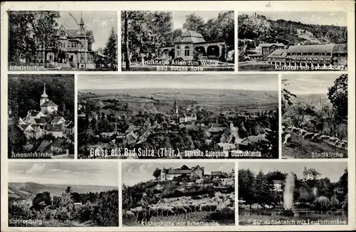 Ak Bad Sulza Thüringen, Totale, Inhalatorium, Stadtkirche, Krähenhütte m. Leuchtfontäne, Sonnenburg