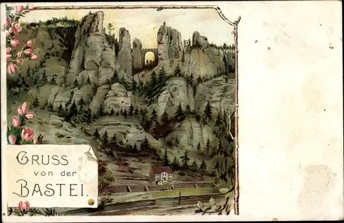 Litho Lohmen im Elbsandsteingebirge, Gruß von der Bastei, Basteifelsen, Brücke, Hotel