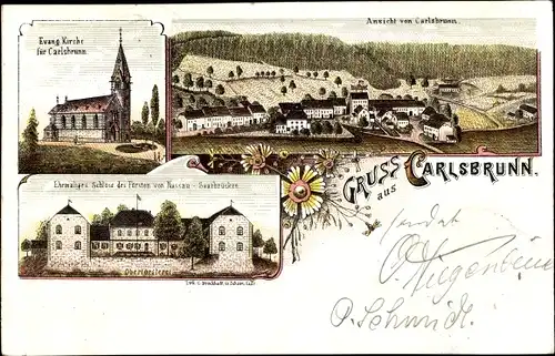 Litho Karlsbrunn Großrosseln im Saarland, Schloss des Fürsten von Nassau Saarbrücken, Kirche, Totale